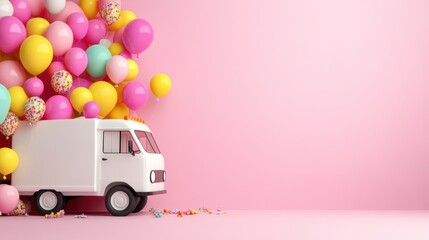 A cheerful delivery truck overflowing with colorful balloons against a pink backdrop, perfect for festive or celebration themes.