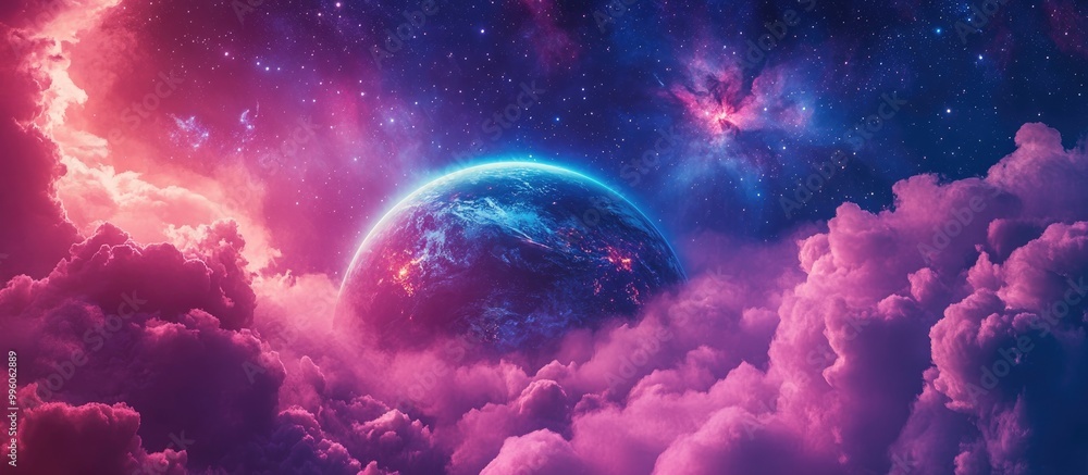 Poster surreal and imaginative 3d rendering featuring a cosmic scene with the earth rotating amidst clouds 