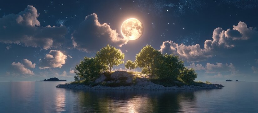 Surreal 3D illustration depicting an island bathed in moonlight featuring a dreamlike landscape