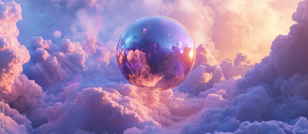 Poster a surrealist 3d rendering featuring an abstract metallic round shape and a floating sphere amidst li