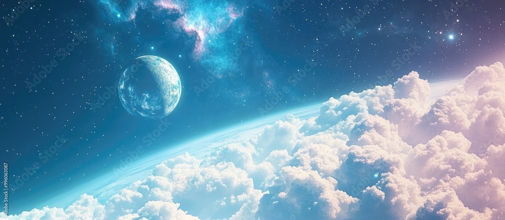 Poster surreal and fantastical 3d rendering of a world and moon featuring clouds stars and the orion nebula