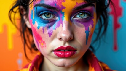 Obraz premium Closeup Portrait of Woman with Colorful Makeup and Bold Red Lips