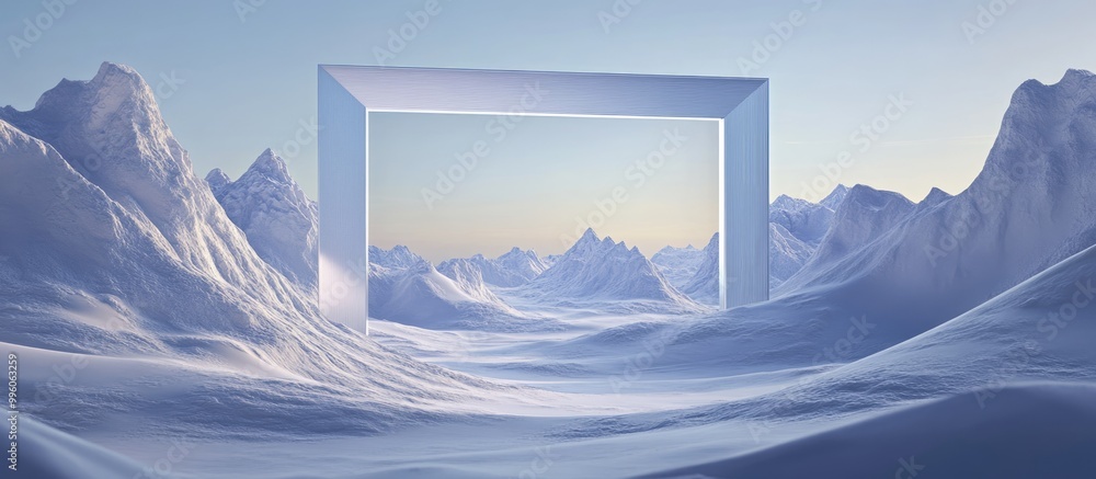 Poster surreal landscape with a frame showcasing a unique perspective and vision this is a 3d rendered illu