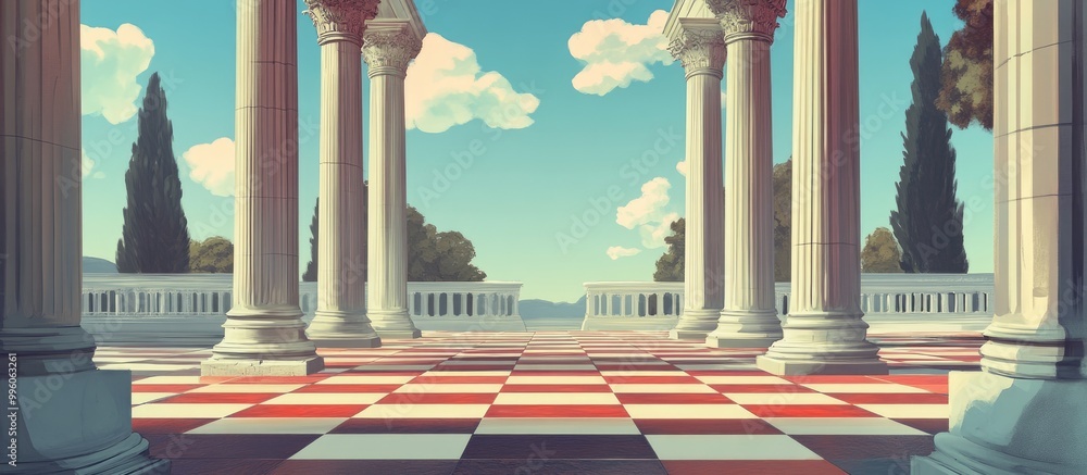 Poster surreal landscape featuring classical columns and a checkered tiled ground