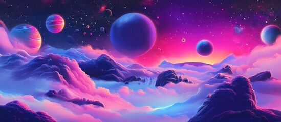 Surreal space landscape with imaginative elements and vibrant colors