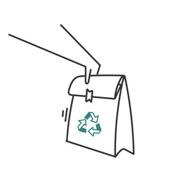 hand holding paper bag with recycle symbol in doodle cartoon style