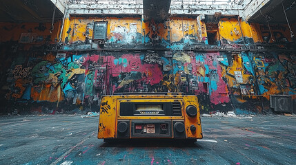 Boombox and classic music cassette player against a dark background. Retro hip-hop culture. Colorful graffiti wall with urban street art. Concept with a vintage boom box in front of a colorful wall