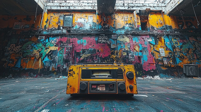 Boombox and classic music cassette player against a dark background. Retro hip-hop culture. Colorful graffiti wall with urban street art. Concept with a vintage boom box in front of a colorful wall