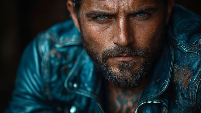 Brutal tattooed biker man in leather clothes and black motorcycle. High detail. Professional portrait shot