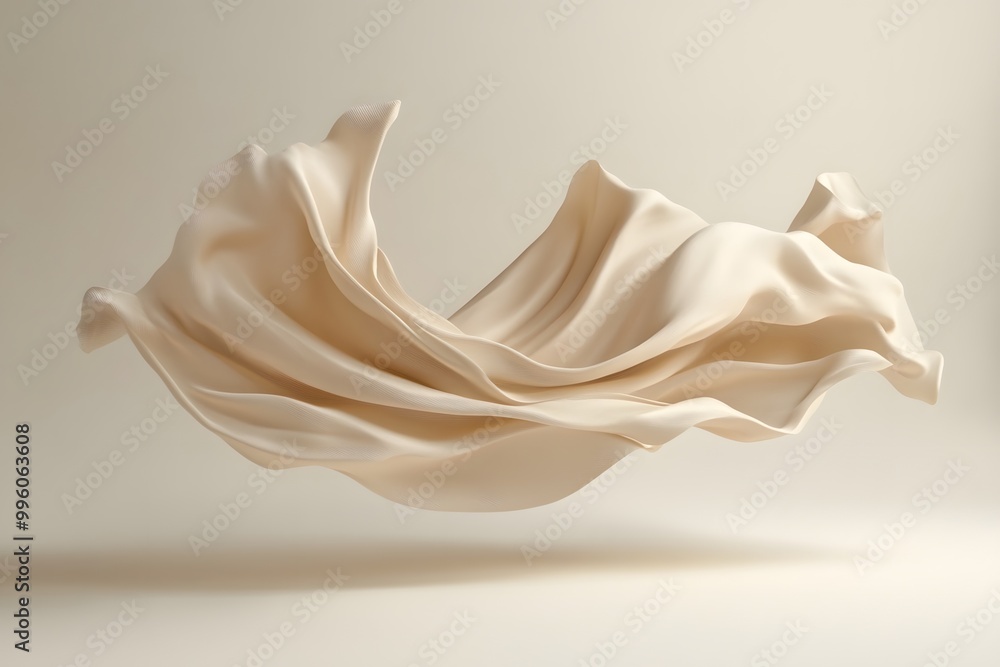 Poster 3d render of an abstract shape made from beige silk fabric, floating in the air against a minimalist