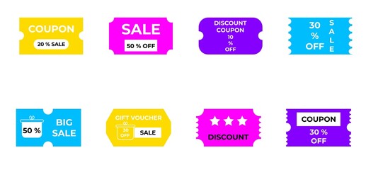 Coupon ticket set. Discount coupon. Gift voucher. Discount card with 20, 30, 50 percent discount. Sale coupon with big sale, hot price, best seller etc. Vector illustration.