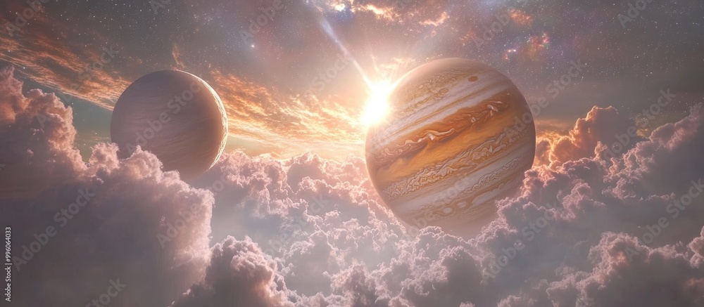 Poster surrealistic 3d rendering of jupiter and its moons europa and io set against a backdrop of clouds st