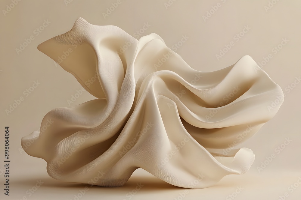 Poster 3d render of an abstract shape made from beige silk fabric, floating in the air against a minimalist
