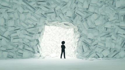 A silhouette figure stands in a spacious room filled with white papers, representing contemplation and creativity.