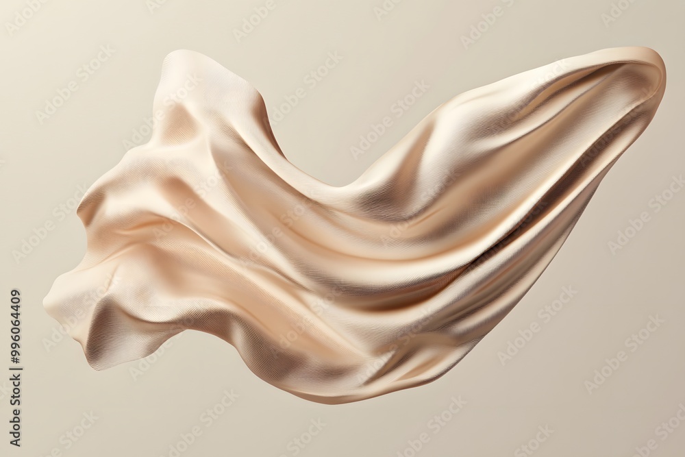 Poster 3d render of an abstract shape made from beige silk fabric, floating in the air against a minimalist