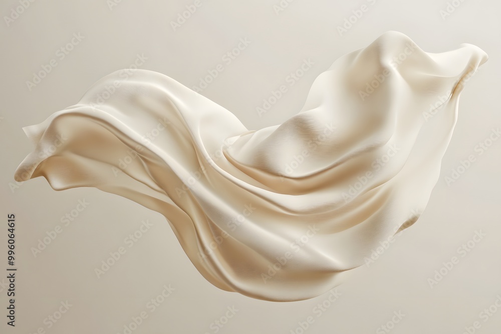 Poster 3d render of an abstract shape made from beige silk fabric, floating in the air against a minimalist