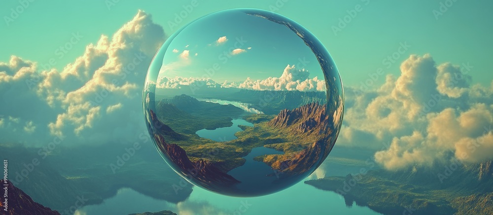 Poster 3d rendering of a landscape encapsulated within a spherical shape surrounding the planet