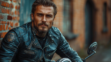 Fototapeta premium Brutal tattooed biker man in leather clothes and black motorcycle. High detail. Professional portrait shot