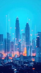 Obraz premium A vibrant skyline illuminated at night, showcasing high-rise buildings with a futuristic aesthetic against a blue backdrop.