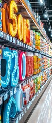 Naklejka premium Colorful Illuminated Letters on Store Shelf.