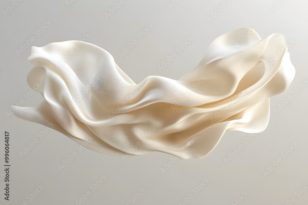Poster 3d render of an abstract shape made from beige silk fabric, floating in the air against a minimalist