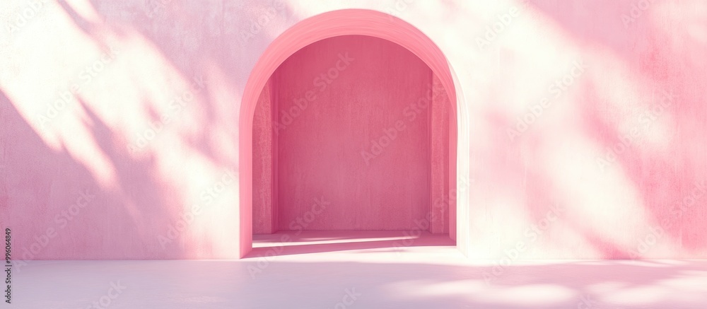 Poster surreal 3d rendering featuring an abstract archway with a pastel pink background showcasing a dreaml