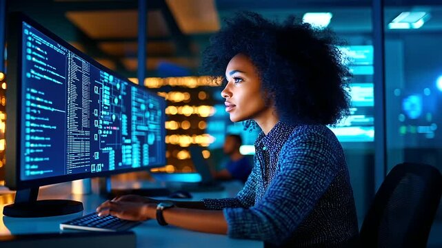 A software developer focused on creating a script for an automation platform, typing at a computer that displays an open-source robotic interface
