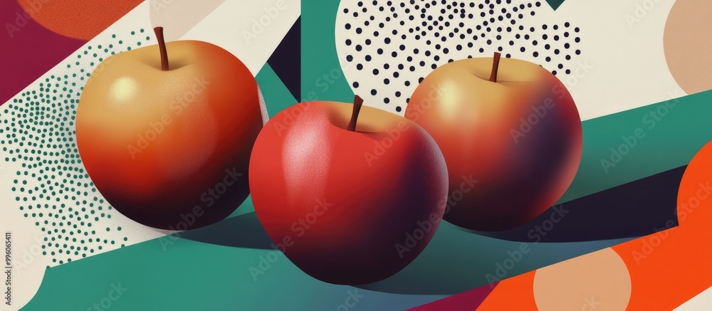 Poster futuristic design featuring three apples in an abstract surreal composition