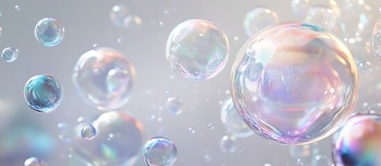 Naklejka premium Surrealist bubbles and eggs with a glossy gradient on a grey background