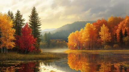 Fototapeta premium Autumnal Forest Reflecting in a Still Lake