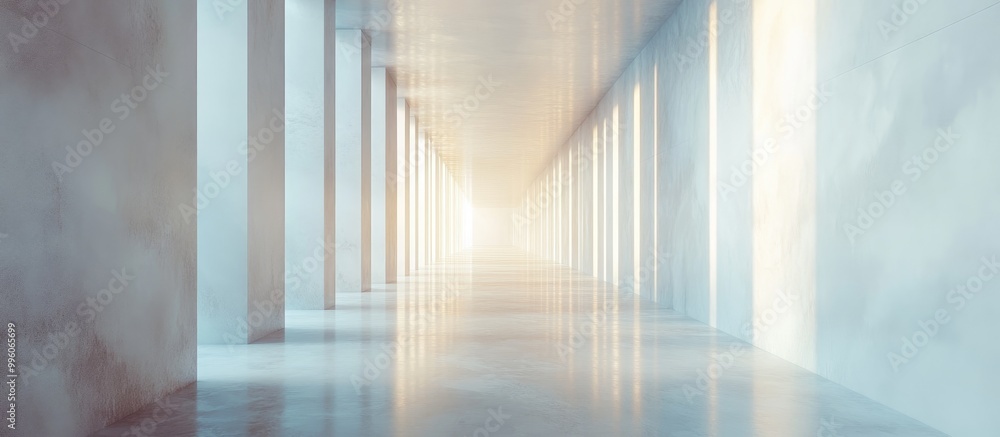Poster surreal 3d render featuring an abstract infinite corridor with a vertical white background presentin
