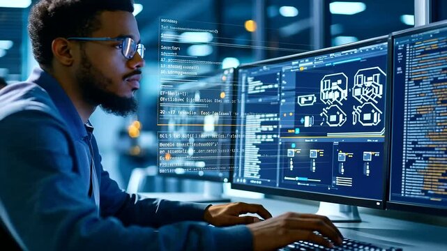 A software developer focused on creating a script for an automation platform, typing at a computer that displays an open-source robotic interface. The room is filled