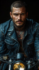 Obraz premium Brutal tattooed biker man in leather clothes and black motorcycle. High detail. Professional portrait shot