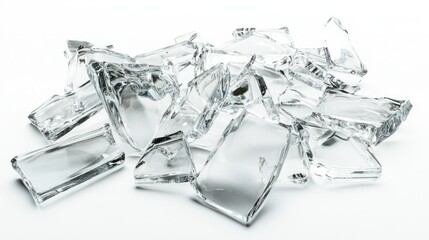 Broken pieces of glass with jagged edges reflecting light, isolated on a white background