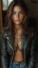 Brutal tattooed biker woman in leather clothes and black motorcycle.High detail. Professional portrait shot