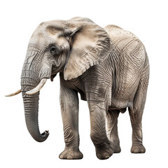 Obraz premium Large african elephant standing and looking ahead on a white background