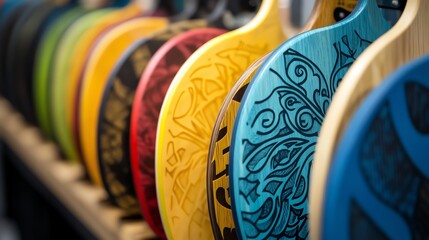 Close-up of colorful paddle tennis rackets.