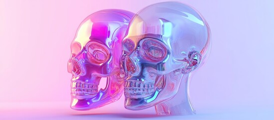 Obraz premium Creative 3D rendering of a transparent glass skull head and female bust in a vibrant vaporwave color palette set against a clean background