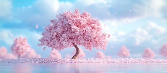 Enchanting 3D render illustration of a whimsical cherry blossom tree in a cartoon style