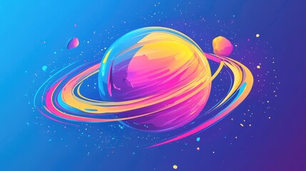 Vibrant abstract planet with rings against a blue backdrop featuring bright pink blue and yellow hues Surreal cartoon style space object illustration for apparel and poster designs