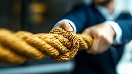 A close-up image of a hand pulling a rope, with the focus on the hand and the rope while the background is softly blurred. 