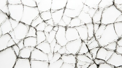 Close-up of a spider-web crack pattern in a glass pane, isolated on a white background