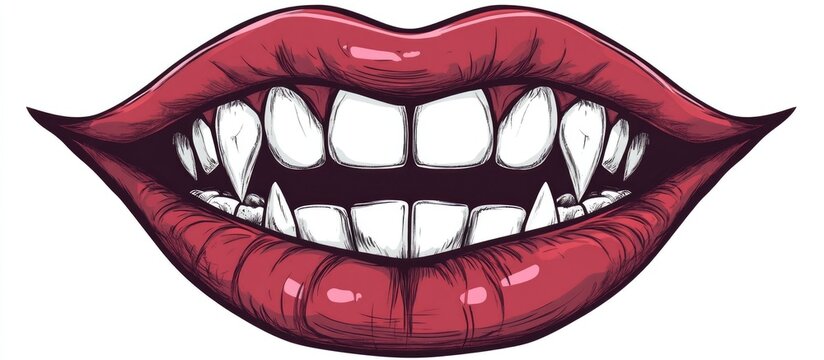 recommend clip art: Hand drawn cartoon mouth featuring lips and vampire teeth isolated 2d illustration with a bold outline
