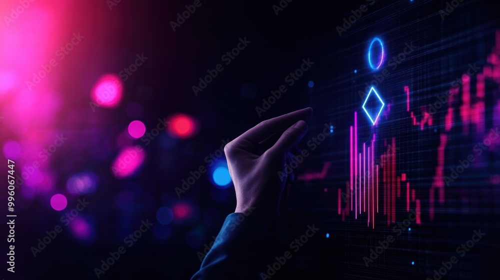 Poster digital interface with glowing graphs and hands, showcasing data analysis and modern technology.