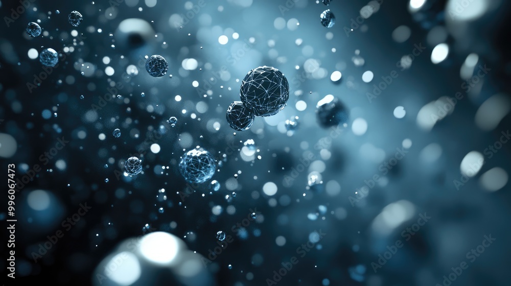 Poster abstract 3d rendering of chaotic particles with surreal low poly spheres in an empty space creating 