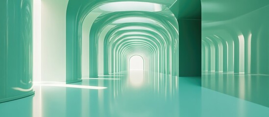 Teal green corridor interior with an abstract design Surrealistic 3D render showcasing a unique interior environment