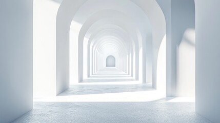 Surreal 3D rendering of an infinite corridor with a white vertical background showcasing a dreamlike interior concept