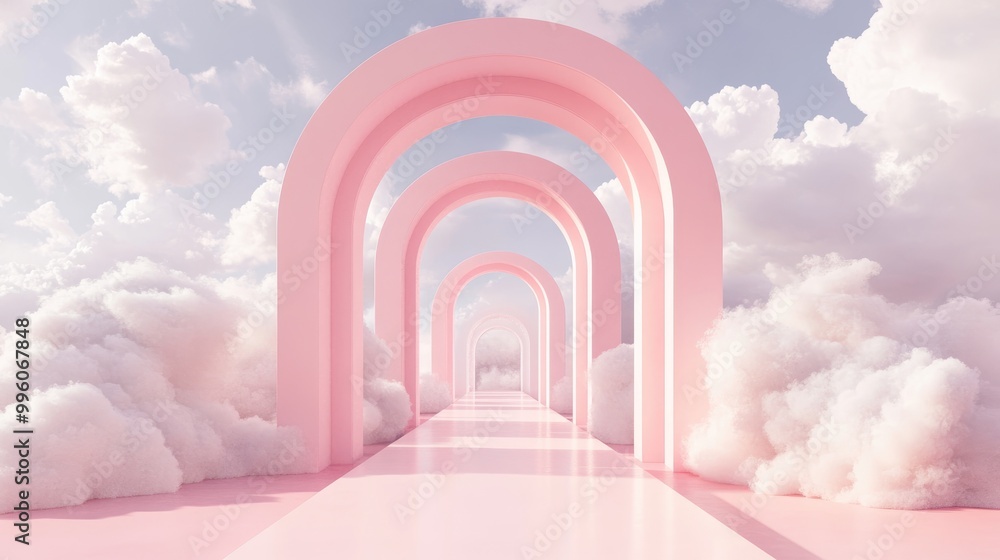 Aufkleber abstract surreal 3d rendering featuring a pink arch corridor set against a pastel background with fl