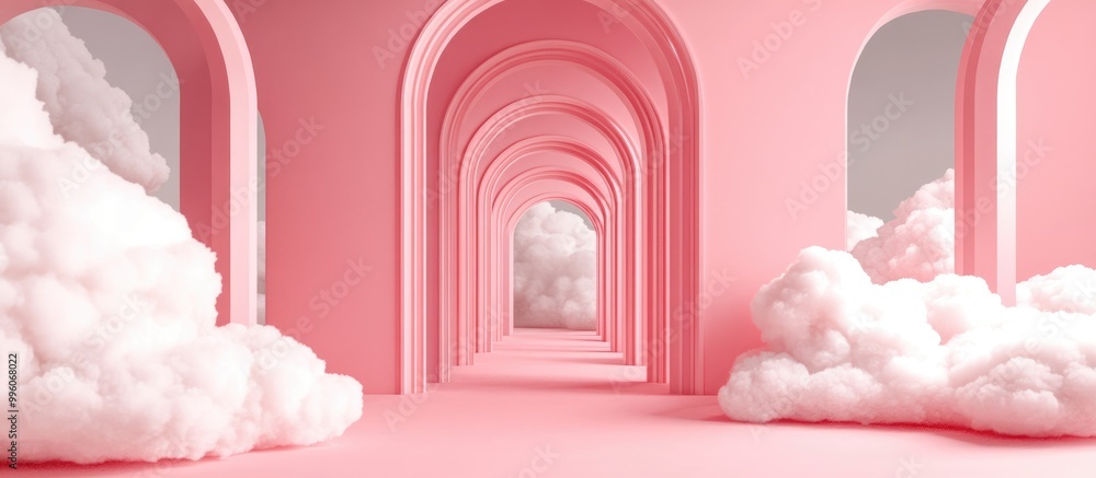 Poster surreal 3d rendering in abstract pink featuring white clouds and a pastel pink background within an 
