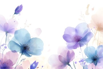 Abstract watercolor background with blue and purple flowers, illustration on a white background.